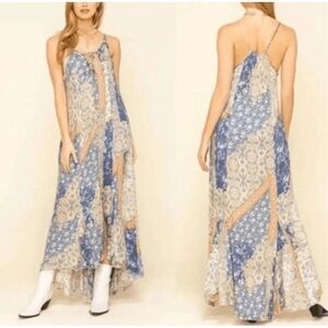 Free People‎ intimately Floral Blue lace up mixed print boho chic bohemian
